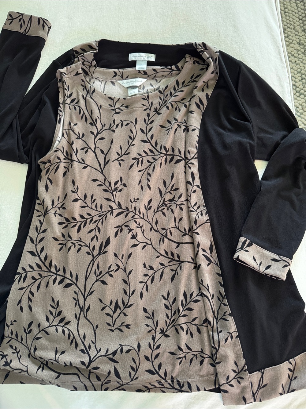 Christopher & Banks Taupe and Black Botanical Layered-Look Top
